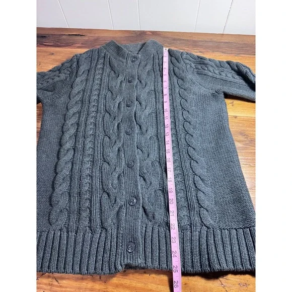 LL Bean Cable Knit Cardigan Women's Large Gray 100% Cotton Full Button Front - Picture 7 of 10